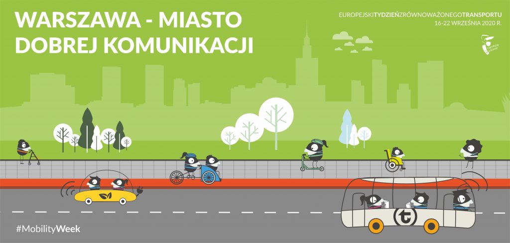 grafika reklamująca Europejski Tydzień Zrównoważonego Transportu 2020 z hasłem przewodnim "Warszawa - miasto dobrej komunikacji"