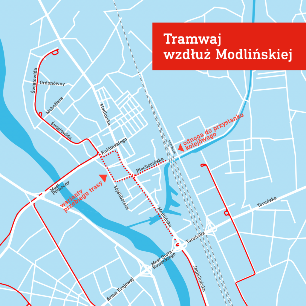Schemat przebiegu planowanej trasy tramwajowej na ul. Modlińskiej