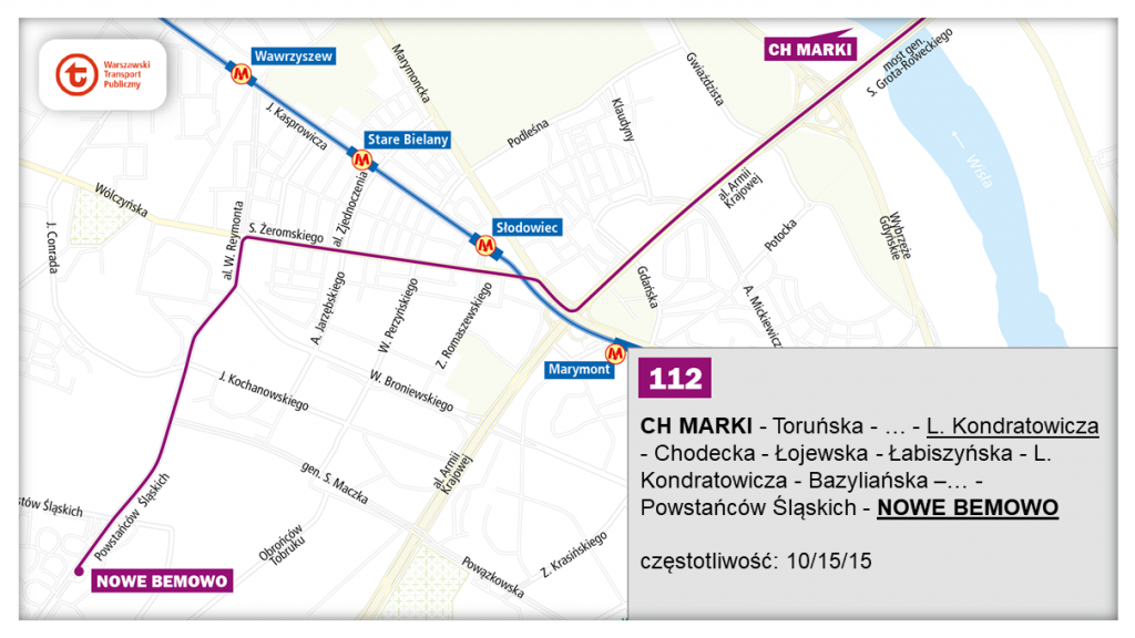 schemat proponowanego przebiegu linii 112 po otwarciu bemowskiego odcinka linii metra M2