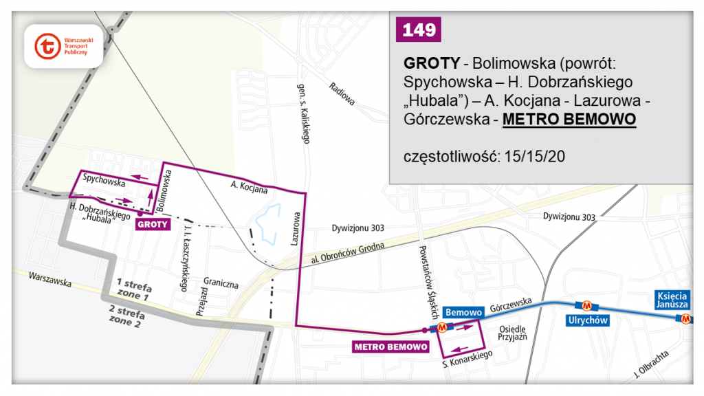 schemat proponowanego przebiegu linii 149 po otwarciu bemowskiego odcinka linii metra M2