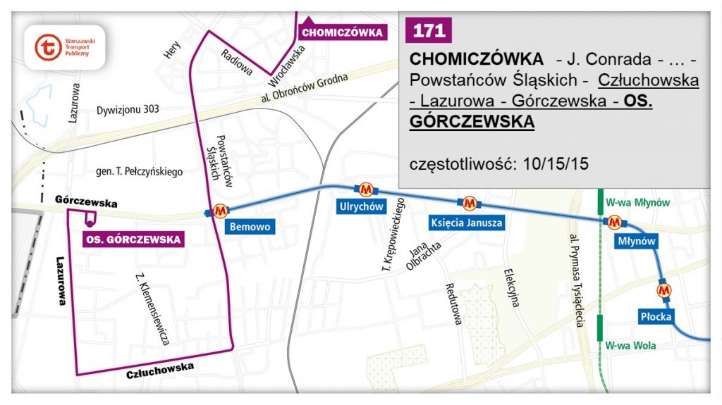 schemat proponowanego przebiegu linii 171 po otwarciu bemowskiego odcinka linii metra M2