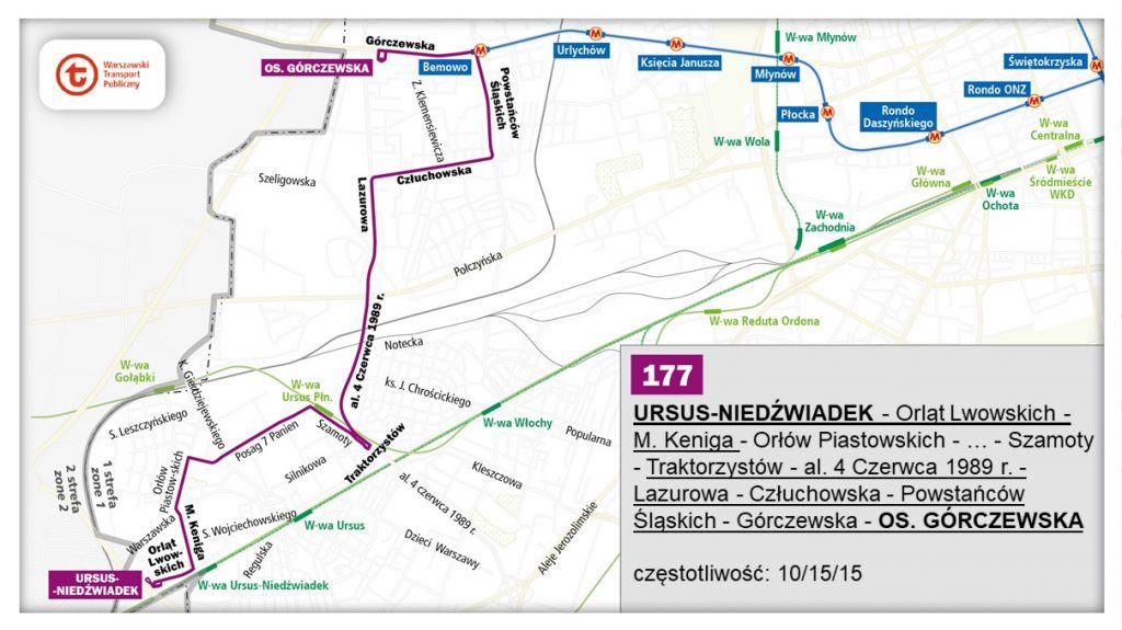 schemat proponowanego przebiegu linii 177 po otwarciu bemowskiego odcinka linii metra M2
