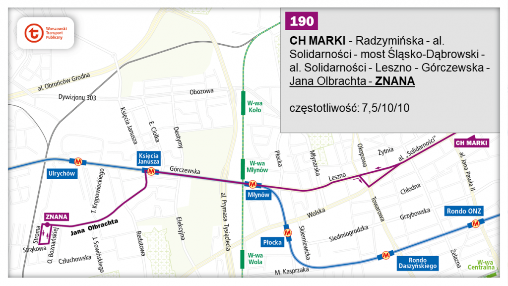 schemat proponowanego przebiegu linii 190 po otwarciu bemowskiego odcinka linii metra M2