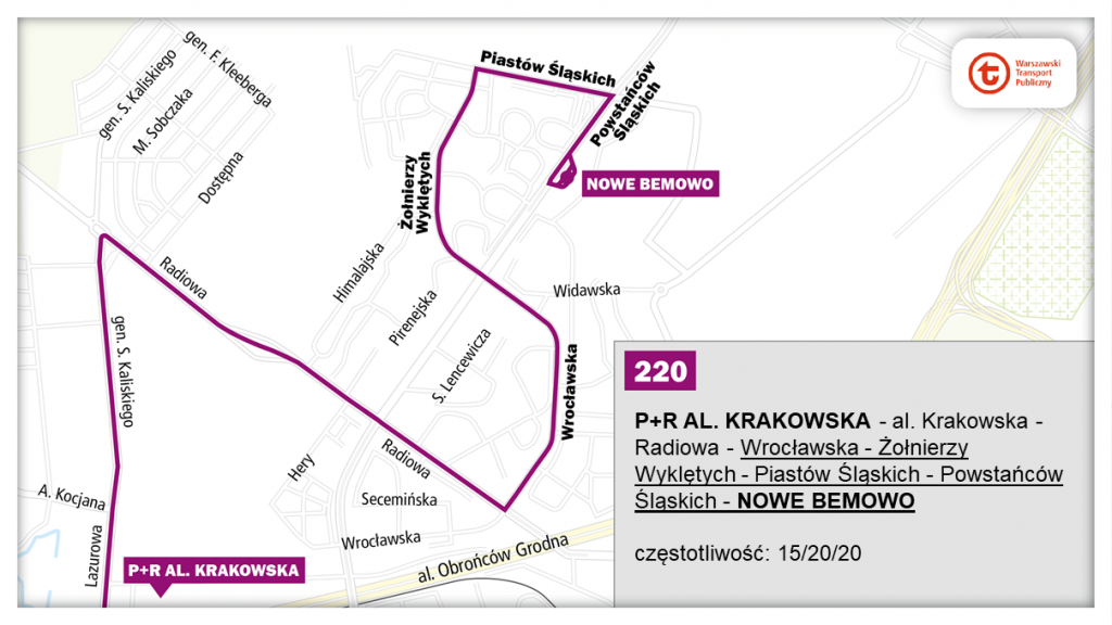 schemat proponowanego przebiegu linii 220 po otwarciu bemowskiego odcinka linii metra M2
