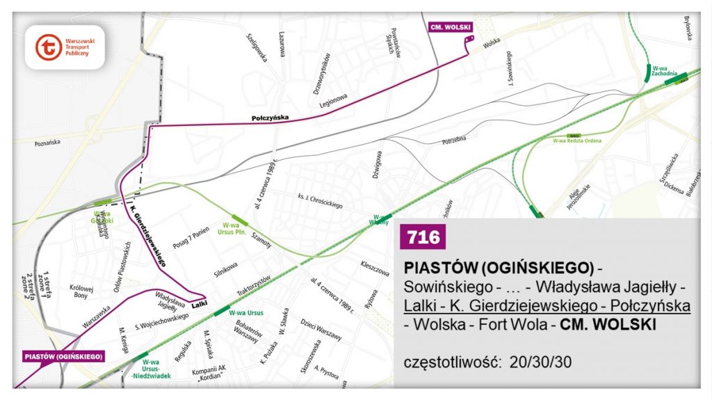 schemat proponowanego przebiegu linii 716 po otwarciu bemowskiego odcinka linii metra M2