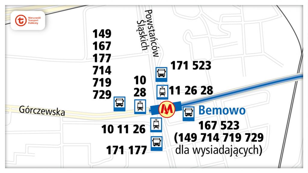 schemat dojazdu komunikacją miejską do stacji metra Bemowo