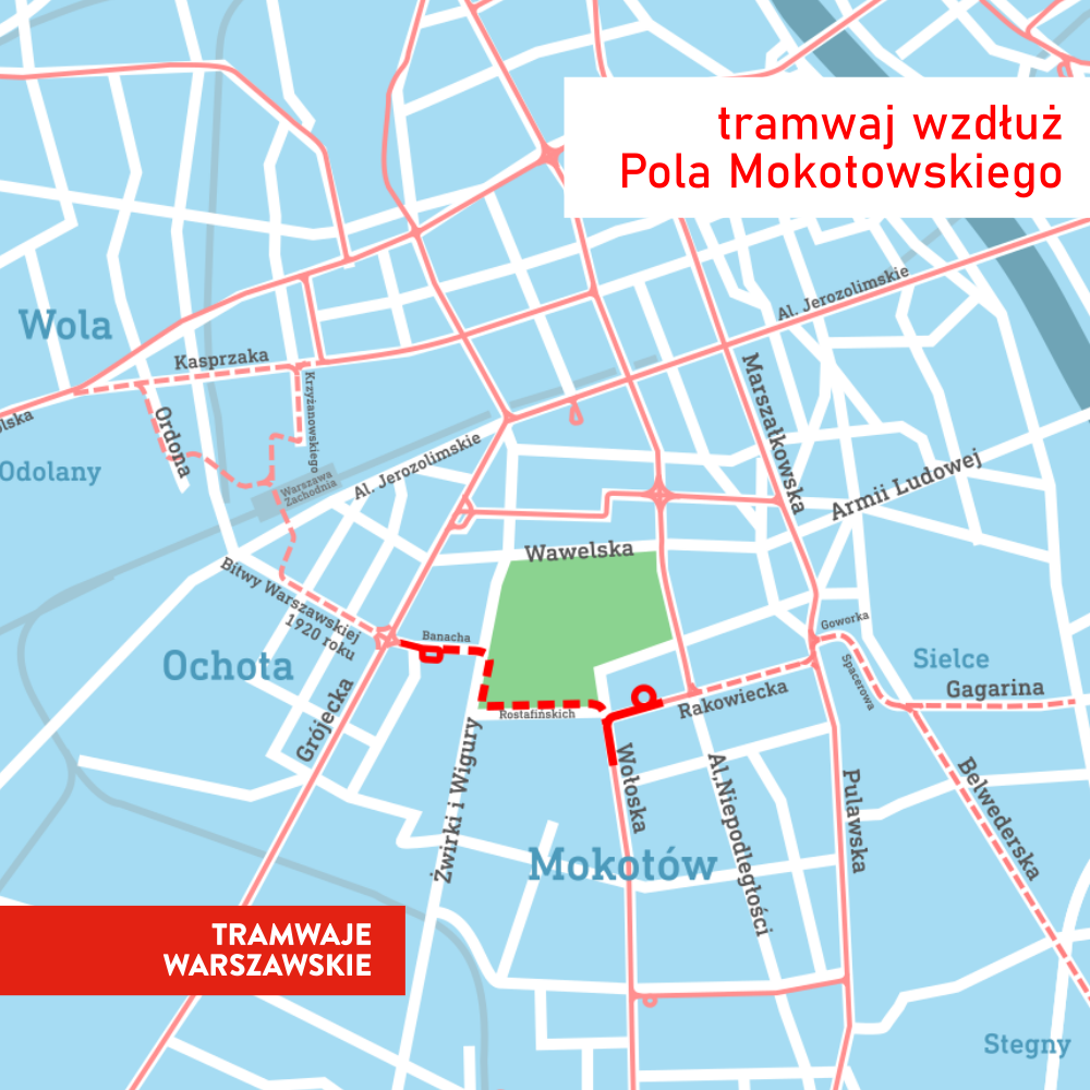 schemat planowanej trasy tramwajowej wzdłuż Pola Mokotowskiego