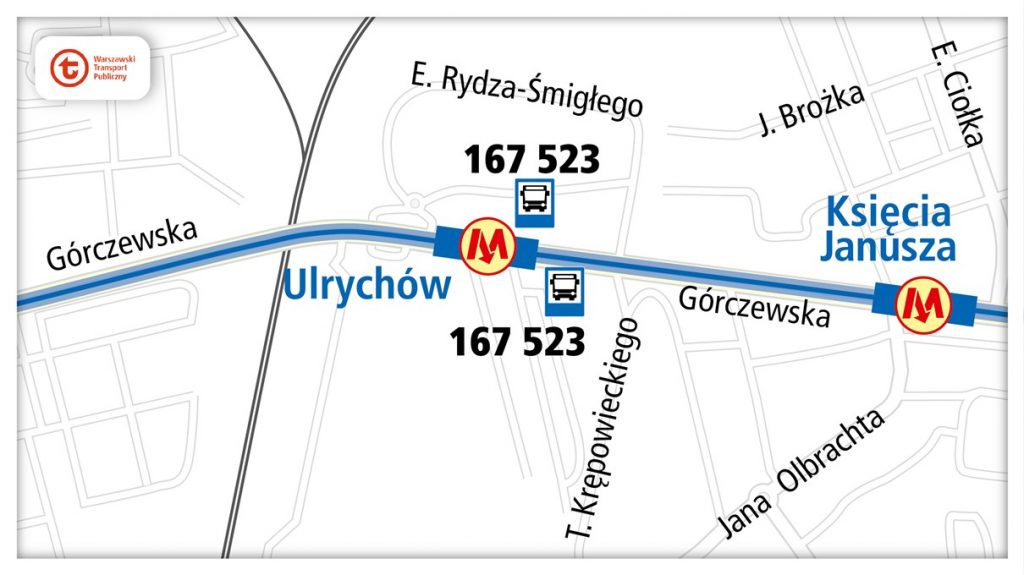 schemat dojazdu komunikacją miejską do stacji metra Ulrychów