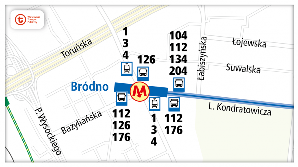 schemat dojazdu komunikacją miejską do stacji metra Bródno