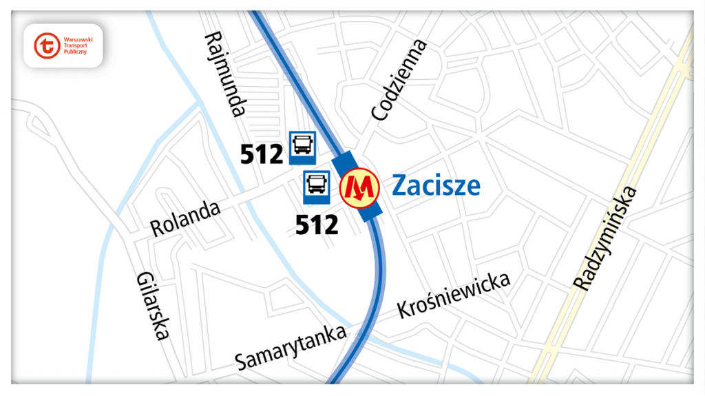 schemat dojazdu komunikacją miejską do stacji metra Zacisze