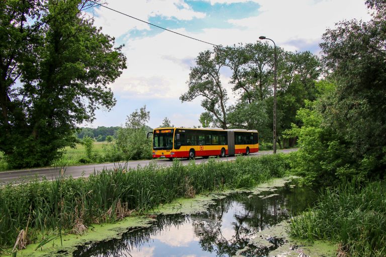 Autobus linii 710 przejeżdża na tle drzew przez ulice Konstancina