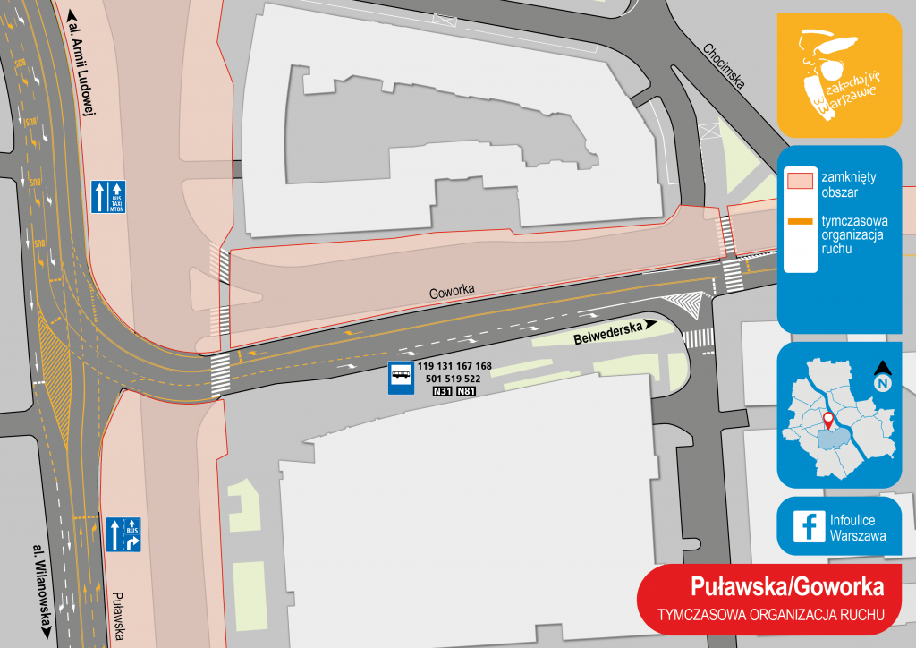 schemat tymczasowej organizacji ruchu e rejonie skrzyżowania ulic Puławskiej i Goworka - zmiany wynikające z budowy tramwaju do Wilanowa