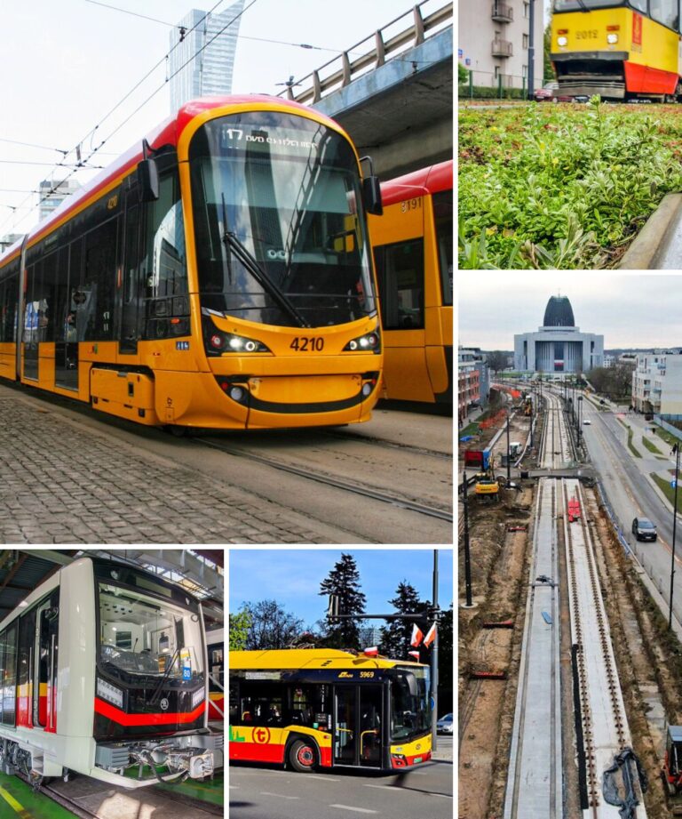 kolaż zdjęć: tramwaj Hyundai Rotem, zielone torowisko, budowa trasy do Wilanowa, pociąg metra Skoda Varsovia i elektryczny Solaris Urbino