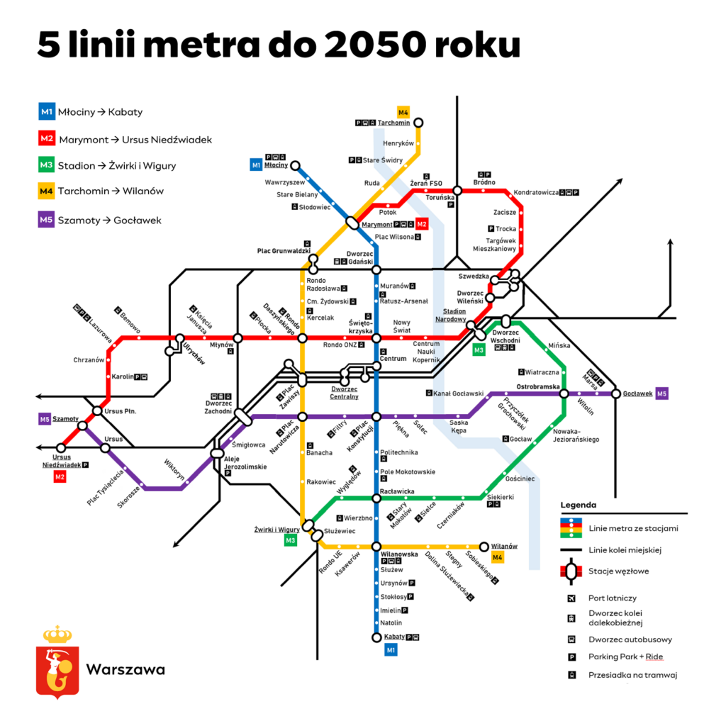 schemat pięciu linii metra do 2050 roku