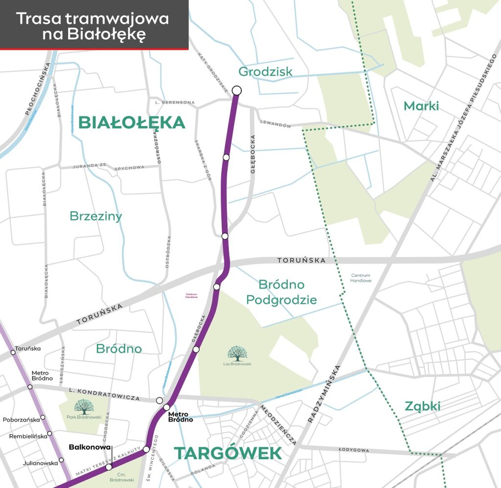 schemat planowanej trasy tramwajowej na Zieloną Białołękę