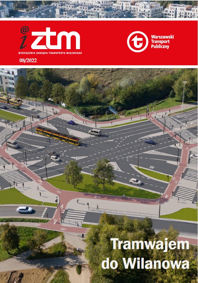 Okładka iZTM 8/2022 na zdjęciu widoczny tramwaj jadący przez skrzyżowanie