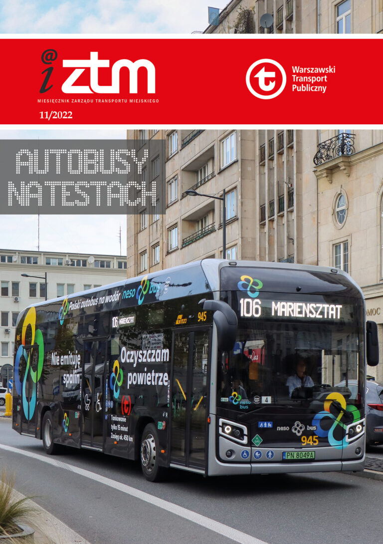 okładka magazynu iZTM z testowanym wodorowym autobusem Nesobus