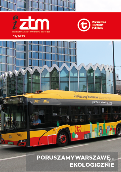 okładka magazynu iZTM nr 1/2023 pt. "Poruszamy Warszawę... Ekologicznie" - na zdjęciu elektryczny autobus na tle rotundy
